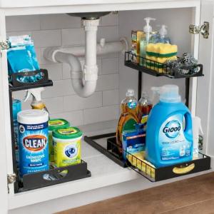ClearSpace Under Sink Organizer, Pull Out Cabinet Organizer, 2 Pack – 2 Tier Slide Out Organizers and Storage Shelf – Metal Sliding Drawer for Kitchen Bathroom Pantry Cabinet Organization Rack, Black(Black)